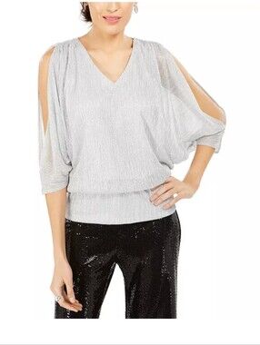 MSK Metallic Silver Cold-Shoulder Rhinestone V-Neck Women's Top